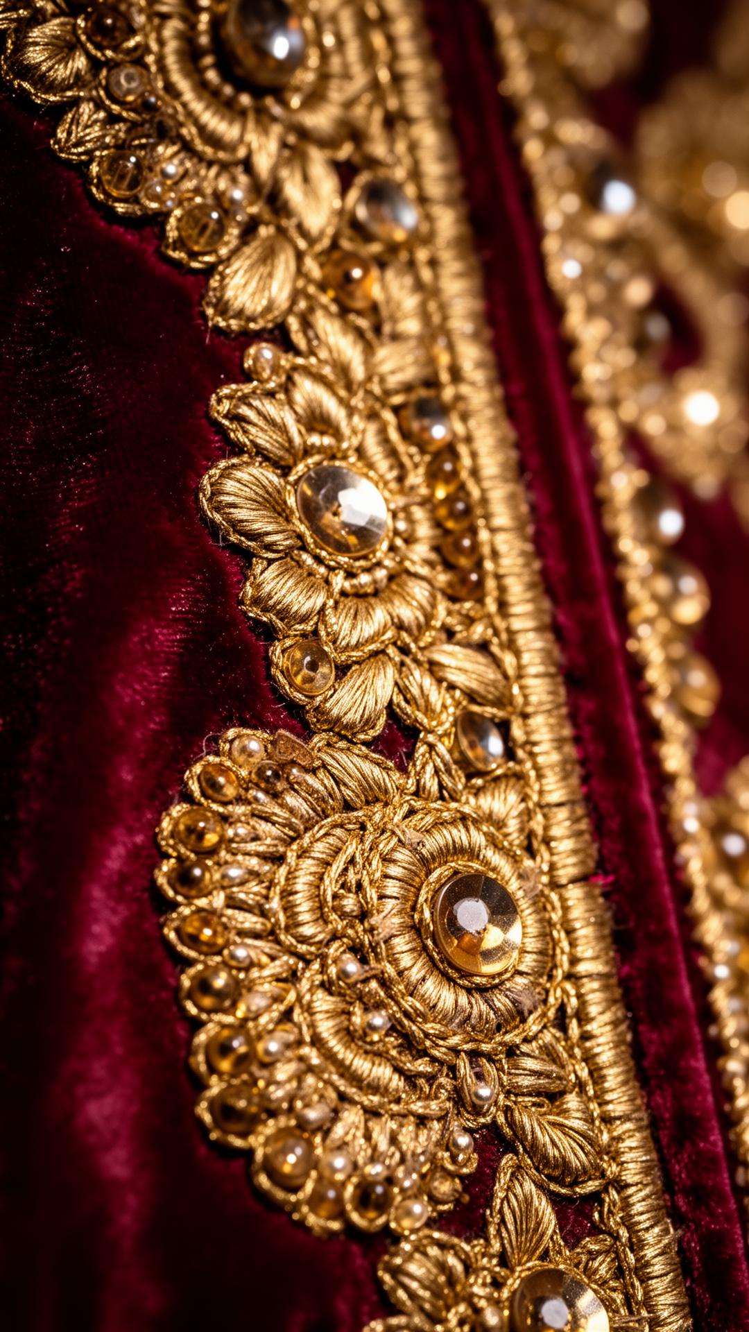 Hand-worked zardozi embroidery on crimson velvet